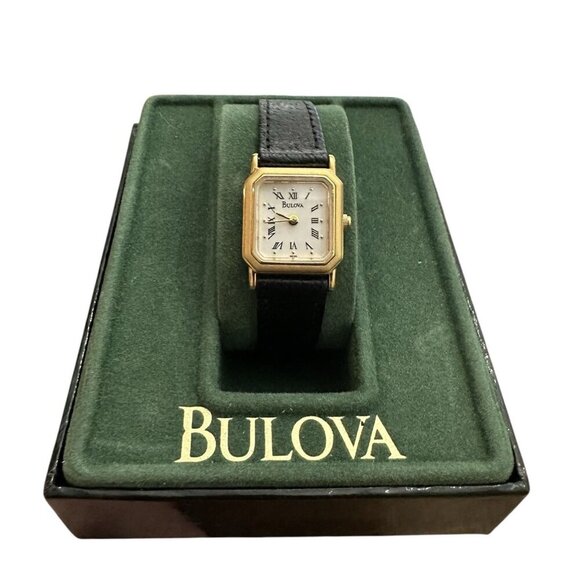 NIB Bulova Classic Quartz Lady’s Watch With Black Leather Band Vintage - Picture 1 of 6